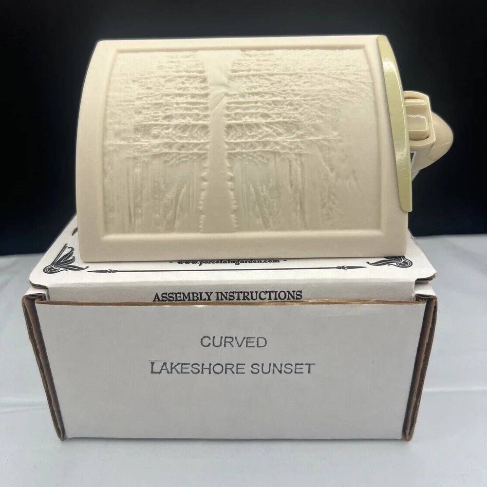 Porcelain Garden Lakeshore Sunset Lithophane Night Light Curved Panel O Box VTG